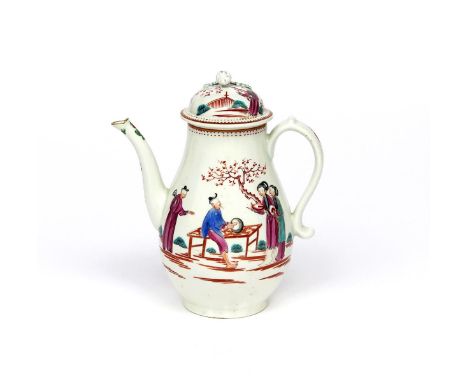 A Worcester coffee pot and cover  c.1765, painted in polychrome enamels with two Chinese ladies approaching a man working at 