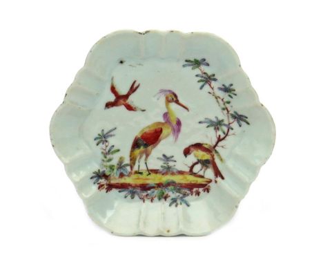 A London-decorated Chinese porcelain teapot stand  Qianlong 1736-95, the fluted hexagonal form painted perhaps in the atelier