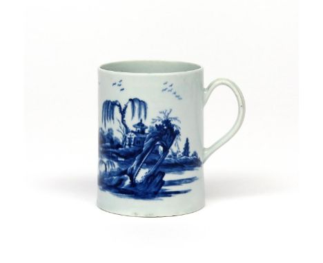 A rare Worcester blue and white mug c.1758-60, painted in a previously unrecorded pattern of a figure fishing in a Chinese la