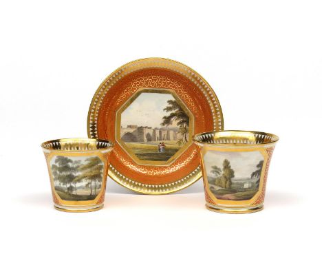 A good Chamberlain Worcester trio  c.1805, of a tea cup, coffee cup and saucer, finely decorated with topographical scenes of