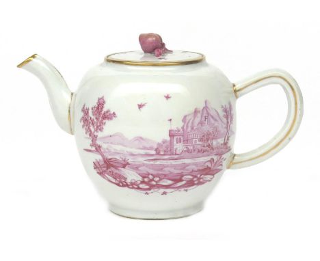 A large European-decorated Chinese teapot and cover  Qianlong 1736-95, painted in puce monochrome with a bridge before a smal