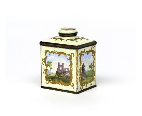 A Staffordshire enamel tea canister and cover c.1770-80, the rectangular form painted with panels of figures in rural landsca