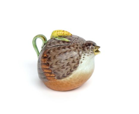 A Russian porcelain teapot and cover  19th century, Gardner manufactory, modelled as a quail with open beak, a millet spray r