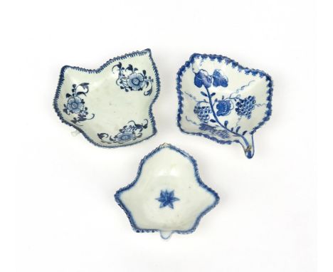 Three English porcelain blue and white pickle leaf dishes  c.1770-80, of vine leaf shape, one Lowestoft and painted with grap
