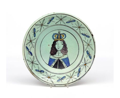 A Brislington delftware Royal portrait charger  c.1690, painted with a head and shoulders portrait of a king, probably Willia