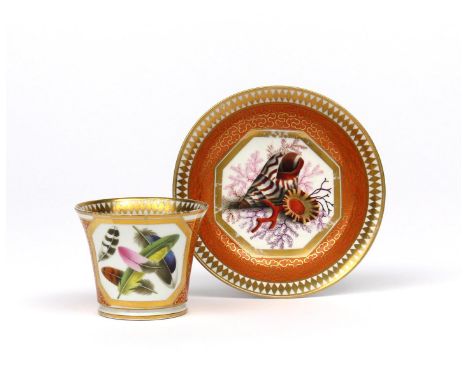 A Chamberlain Worcester tea cup and saucer  c.1805, the cup finely painted with colourful feathers, the saucer with shells an