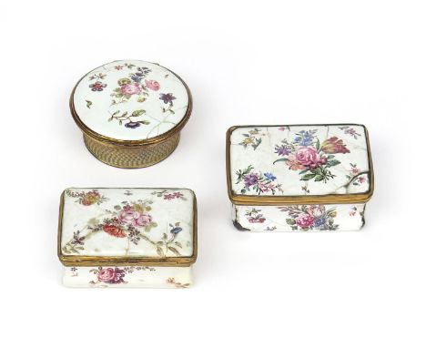 Two Bilston enamel snuff boxes  c.1770, the rectangular forms painted with sprays of flowers including rose, tulip, heartseas