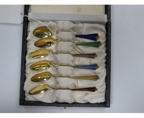 David Anderson; A set of Six Harlequin Enamel Demitasse spoons, gilt, stamped "Sterling".0