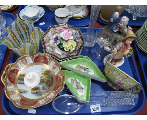 Chinese Bowl with a white metal mount, and dragon handle, glass handkerchief vase, Noritaki bowls, etc:- One Tray. 