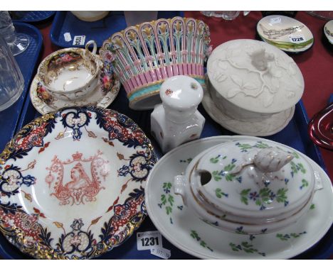 A XIX Century White Ceramic Nut  Bowl, Continental posy basket, Derby Diamond Jubilee plate, etc:- One Tray