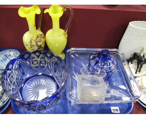 A Goebel 1981 Glass Dish, blue flash glass bowl, lidded jar, pair of overlaid yellow glass ewers etc:- One Tray