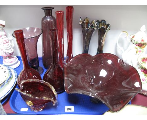 Amethyst and Ruby Glass Vases, Carnival glass, spill vases, Murano aventurine and ruby basket, pair of wrythen lily vases, et