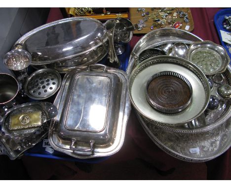 Three Electroplated Tureens, tankard, oval and circular gallery trays, cake stand, chamber stick and other plated wares.