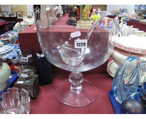 Krosno Poland Glass Pedestal Punch Bowl, and a glass ladle. 