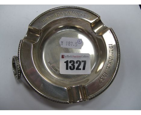 A Silver Hallmarked Ashtray, of circular form, beaded outline, with inscription, by Walker and Hall, and a half eternity ring