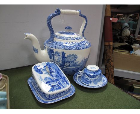 Copeland Italian Spode Large Teapot, smaller butter dish, cup and saucer.