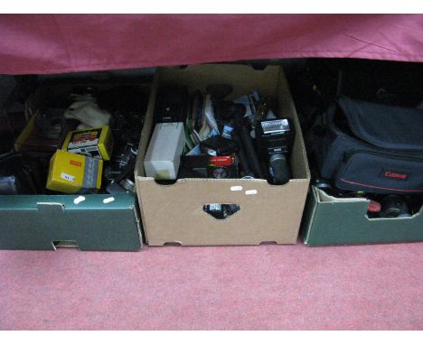 Camera Interest - A quantity of instamatic cameras (Olympus, Kodak, Canon etc); together with flashes, filters, manuals, stan