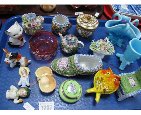 A Victorian Press Moulded Blue Glass Basket and Match Holder, cranberry glass dish, floral encrusted miniatures, Royal Worces