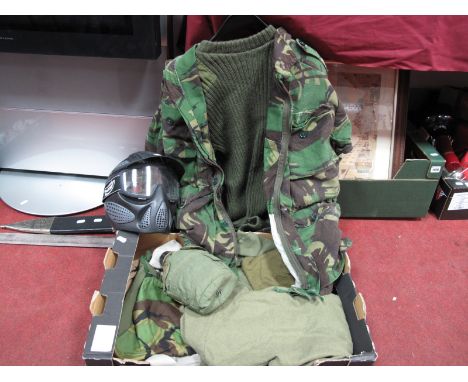 Paintball Helmet, camouflage jacket, military style jumper, shirt, trousers etc:- One Box