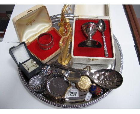 Silver Napkin Ring, Festival of Britain caddy spoons, christening set, Aviva gents wristwatch, etc.