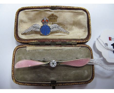 Silver R.A.F Badge, together with silver guilloche enamel brooch in the form of a propeller, stamped "925S", bearing stamped 