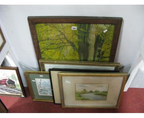 Ros. N, Country Cottage Scenes, trio of watercolours, 18 x 11.5cm, in single frame; E.M. Saville, river scene with distant ch