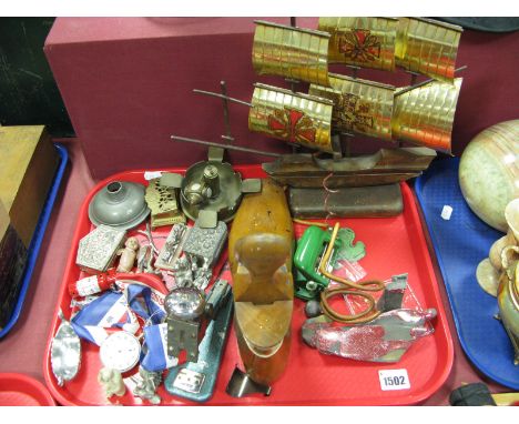 Wooden Shoe Last, novelty vintage galleon lamp (untested/sold for parts only), novelties "Bless Our King and Queen" ribbon, e