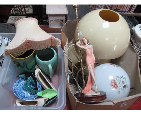 A Crown Devon Art Deco Vase, Woods jug, Poole, Sadler, Masons, a globular glass ceiling light, with brass mounted lady lamp, 