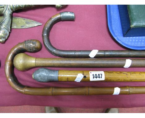A Bamboo Walking Stick, with root ball head, and three other walking sticks (4)