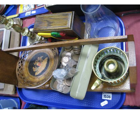 Olive Wood 'Bellagio' Plate, oak book trough, coinage etc:- One Tray
