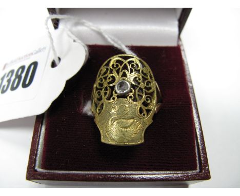 A Rose Cut Diamond Set Ring, the pocketwatch balance cock scroll pierced and collet set to the centre, between bifurcated sho