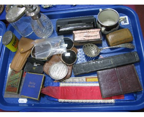 Terry's Pocket Screwdriver, razor, snuff box, silver topped tidy jar and scent spray, medallion, manicure set, Morocco case, 