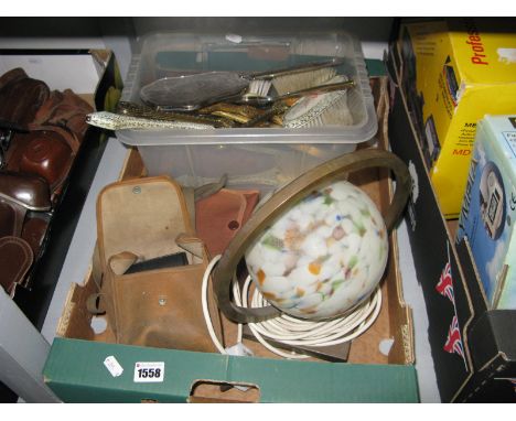A Frosted Globular Glass Table Light on Brass Base, cameras, dressing table ware:- One Box