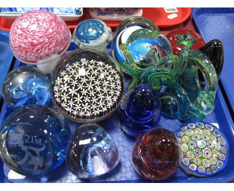 A Millefiore Paperweight, with concentric flower heads, Caithness, mushroom, knot and other glass paperweights:- One Tray