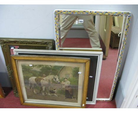 A French Racing Scene Print, 37 x 50.5cm 'Labour and Love' print, two mirrors. (4)