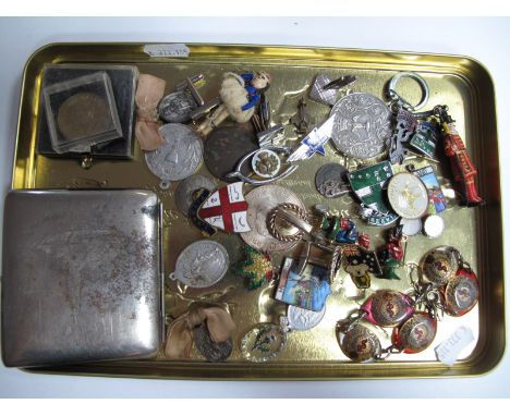 Enamel and Other Badges, coins, cigarette case, Road Army Medical Corps bracelet cufflinks, etc.