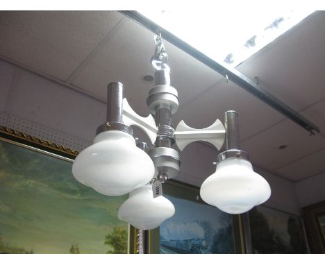 A Mid XIX Century Art Deco Style Three Branch Ceiling Lamp, with white glass shades, white and painted metal frame with decor