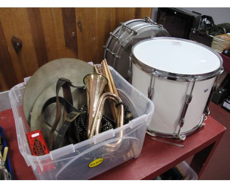 An Olympic 14" Diameter Guard Drum, a snare drum, two symbols, Hudson's Custom drumsticks, a mid XX Century brass bugle and a