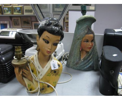 A Mid XX Century Painted Plaster Table Lamp, modelled as an Oriental lady regd no. 906384 and a further figural plaster table