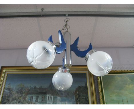 A Mid XIX Century Art Deco Style Three Branch Ceiling Lamp, white/clear glass decorative shades and chrome/blue wooden frame.
