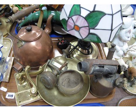 A Tiffany Style Reading Lamp, copper kettle, blow lamp, brassware:- One Tray