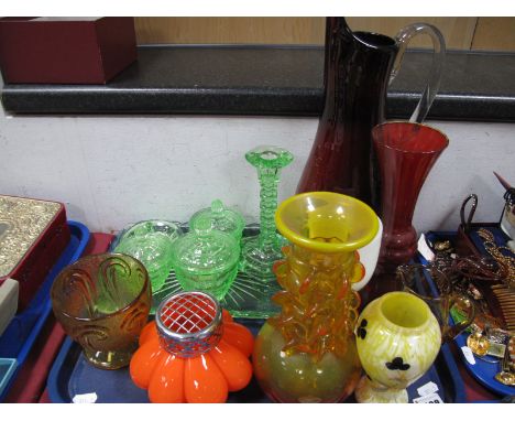 Ruby Glass Jug, orange lobed glass flower basket, green glass dressing table set and other glassware:- One Tray