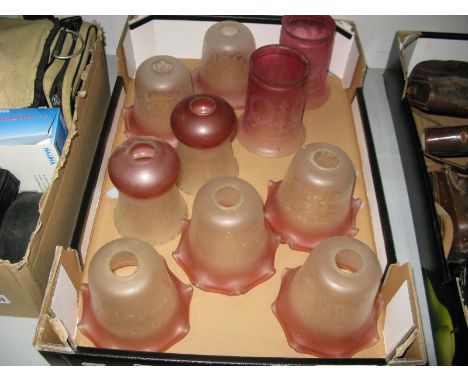 Two Edwardian Cranberry Tinted Glass Light Shades, eight later examples.