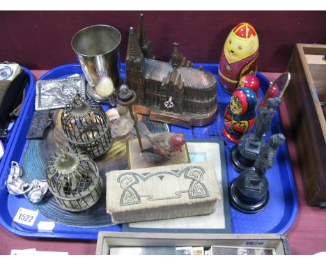 A German Cast Metal Musical Model of a Cathedral, a pair of brass birds in cages, wooden Babushka's novelty desk light modell