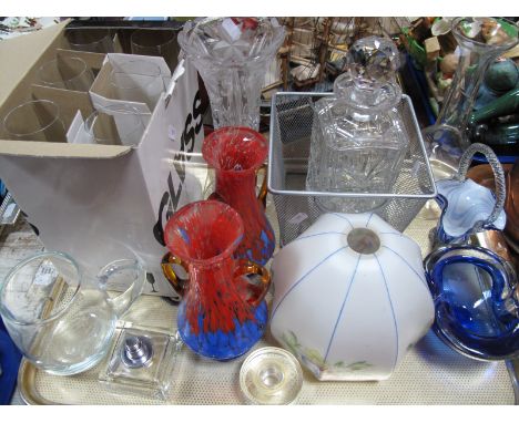 Six Heal's House Champagne Flutes, 1920's light shade, pair of mottled glass vases, Gucci perfume bottle, other glassware:- O