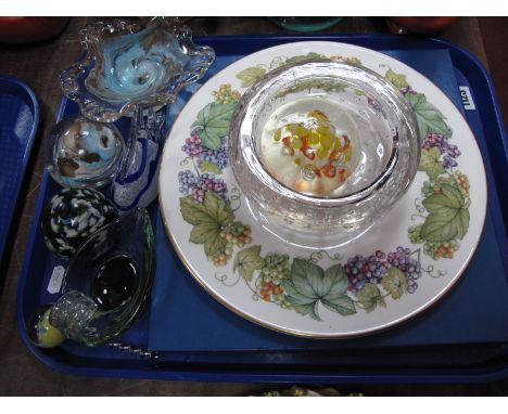 Three Studio Glass Paperweights, an art glass shallow pedestal dish, 'Millefiori' topped corkscrew, Royal Worcester 'Vine Har