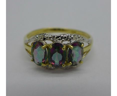 A 9ct gold, mystic topaz and diamond ring, 1.4g, O