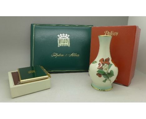 A House of Commons notebook by Stratton, boxed and a telephone and address book, and a Palissy Royal Worcester vase