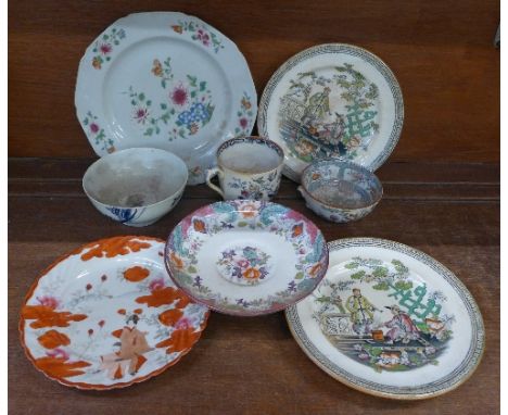 A pair of plates marked Pekin, an oriental blue and white bowl, a/f, an enamel decorated plate, etc., some a/f, (8)