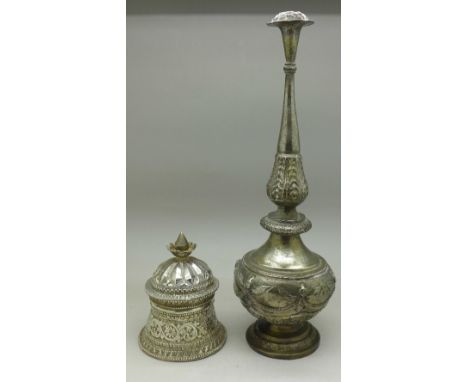 A rose water shaker and an Arabic white metal trinket pot